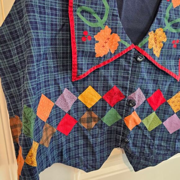 Vintage 90s Handmade Vest Women Large Blue Button Plaid Fall Preppy Granny Retro - Picture 4 of 7